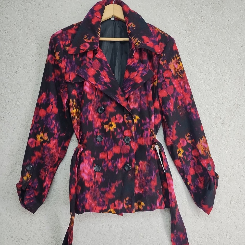 NY Collection Jacket Womens L Double Breasted Belted Trench Floral Print Red